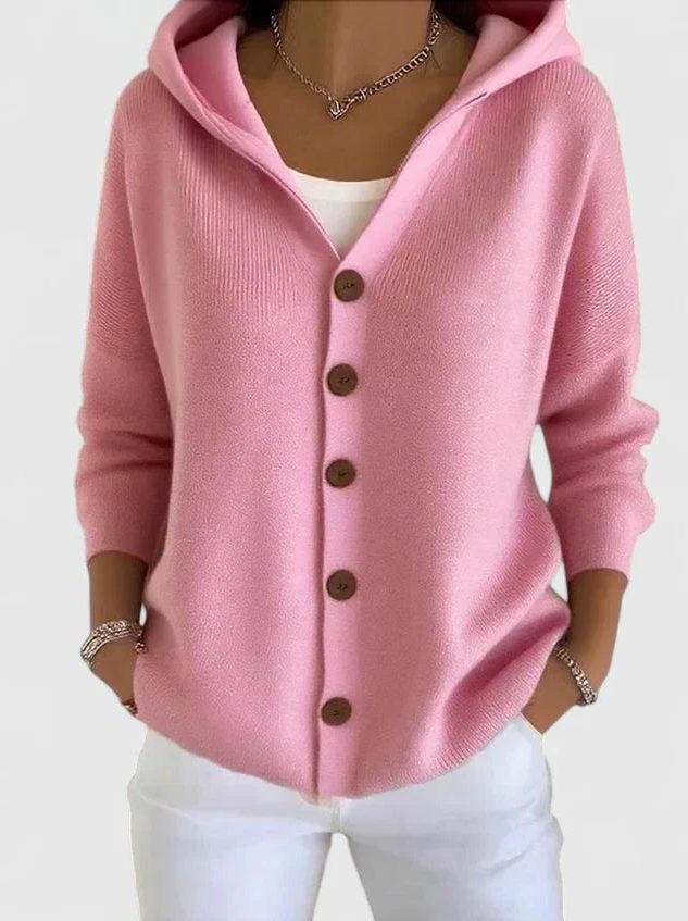 Hooded Button-Down Cardigan with Long Sleeves for Women - Pink