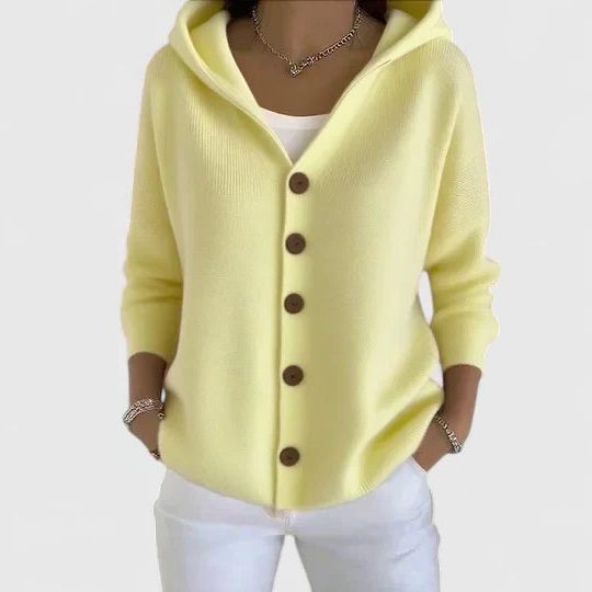 Hooded Button-Down Cardigan with Long Sleeves for Women - Yellow