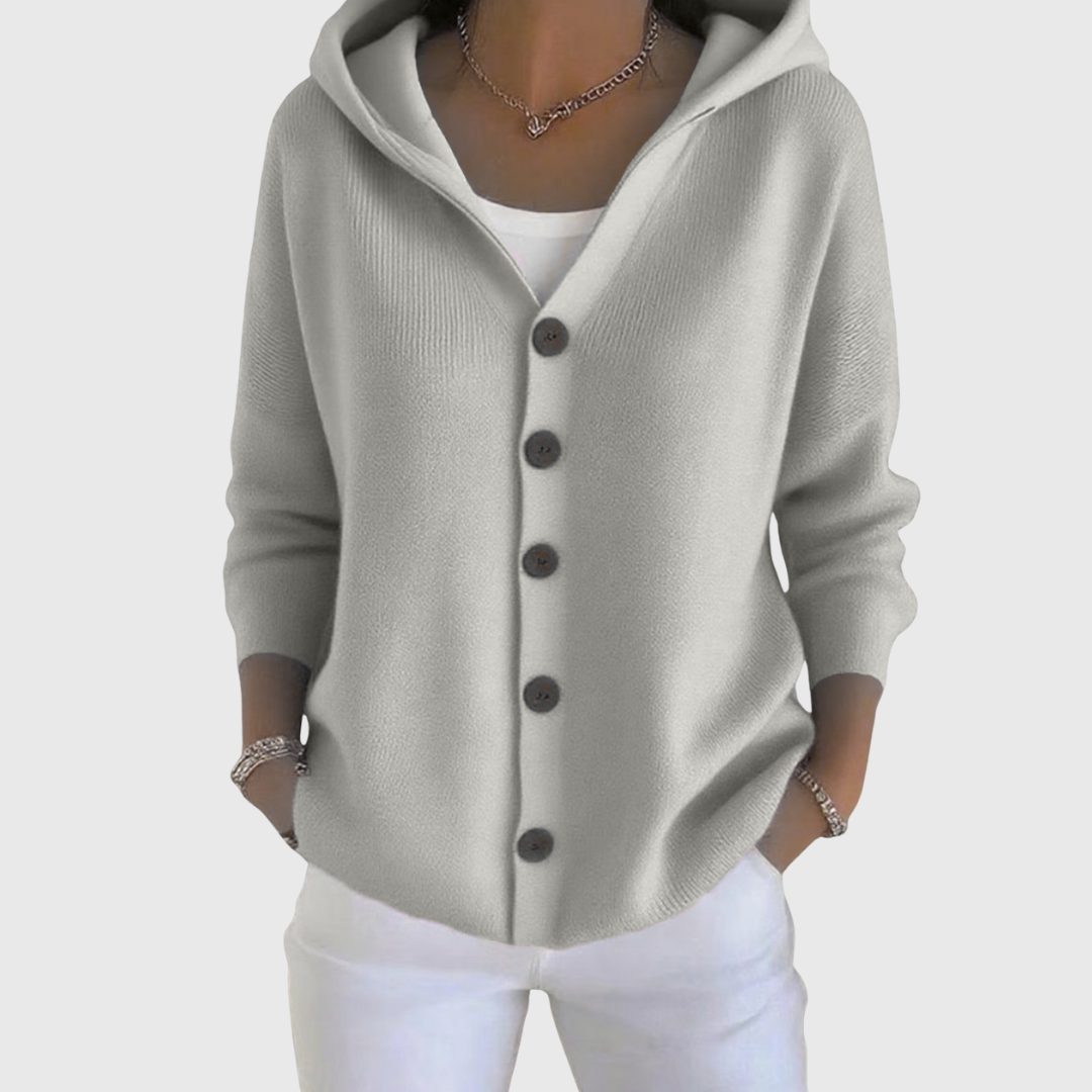 Hooded Button-Down Cardigan with Long Sleeves for Women - Gray