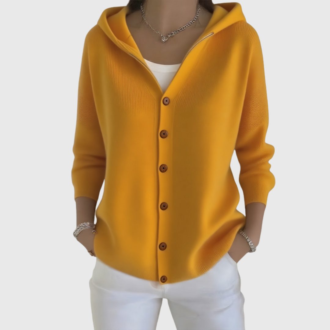 Hooded Button-Down Cardigan with Long Sleeves for Women - Orange
