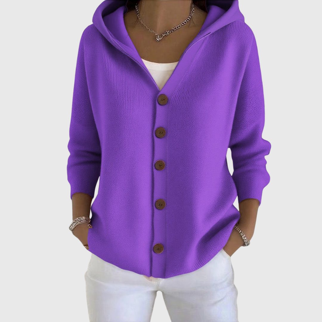 Hooded Button-Down Cardigan with Long Sleeves for Women - Purple