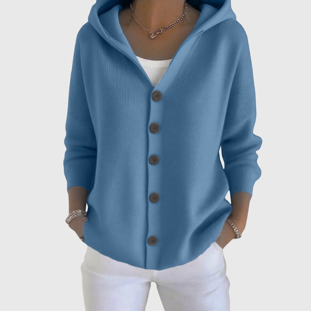 Hooded Button-Down Cardigan with Long Sleeves for Women - Blue