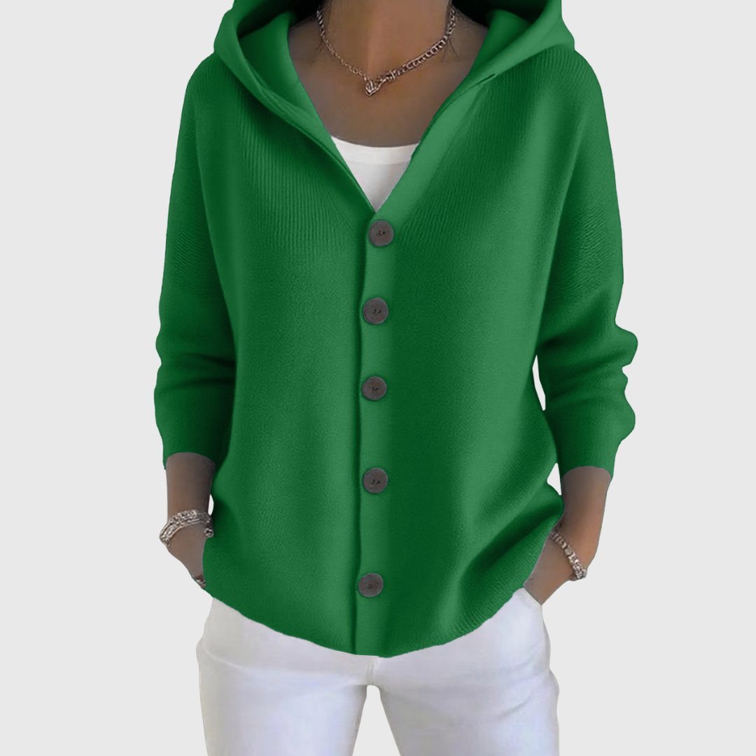 Hooded Button-Down Cardigan with Long Sleeves for Women - Dark Green