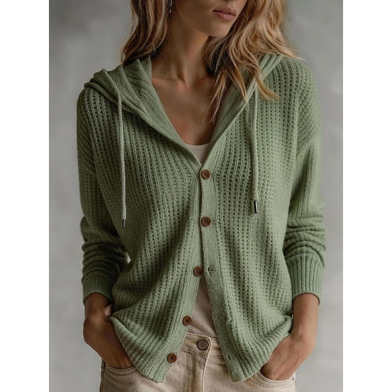 Hooded Button-Front Ribbed Knit Cardigan for Women - Green