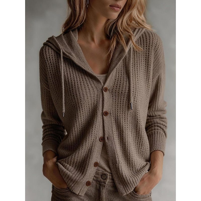 Hooded Button-Front Ribbed Knit Cardigan for Women - Khaki
