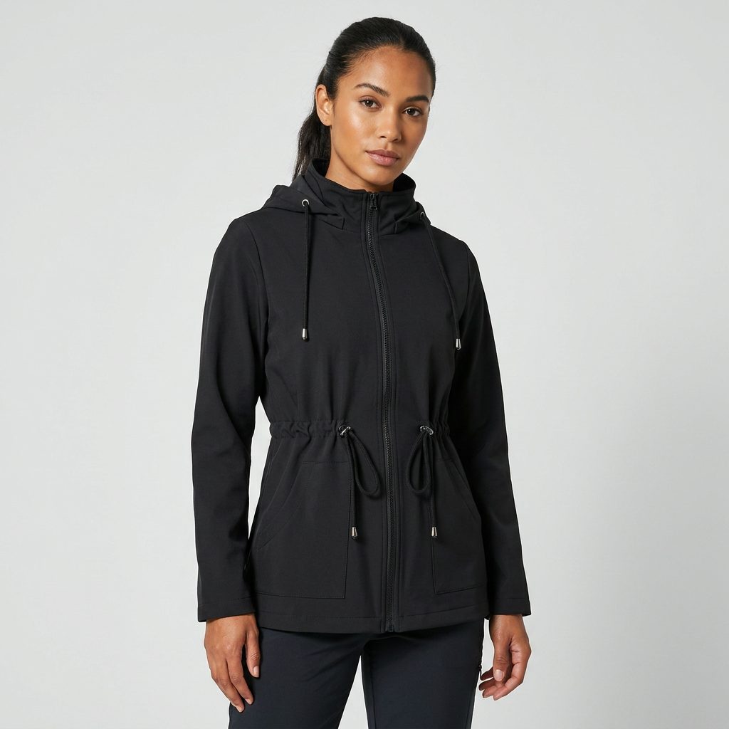 Hooded Drawstring Waist Zip-Up Jacket for Women - Black
