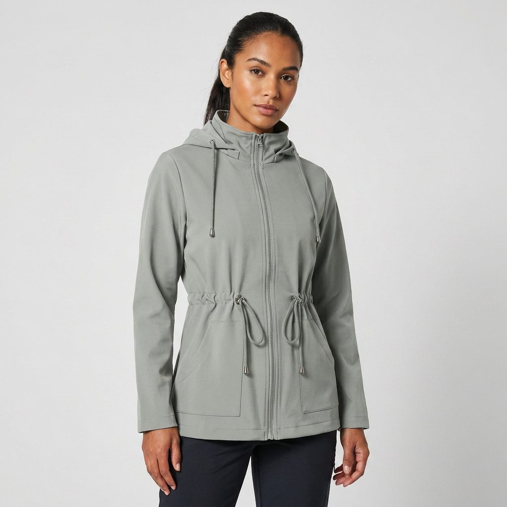 Hooded Drawstring Waist Zip-Up Jacket for Women - Grey