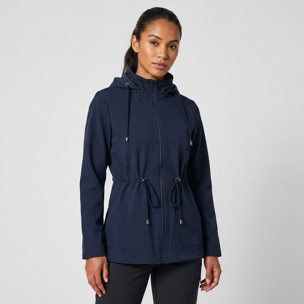 Hooded Drawstring Waist Zip-Up Jacket for Women - Navy Blue