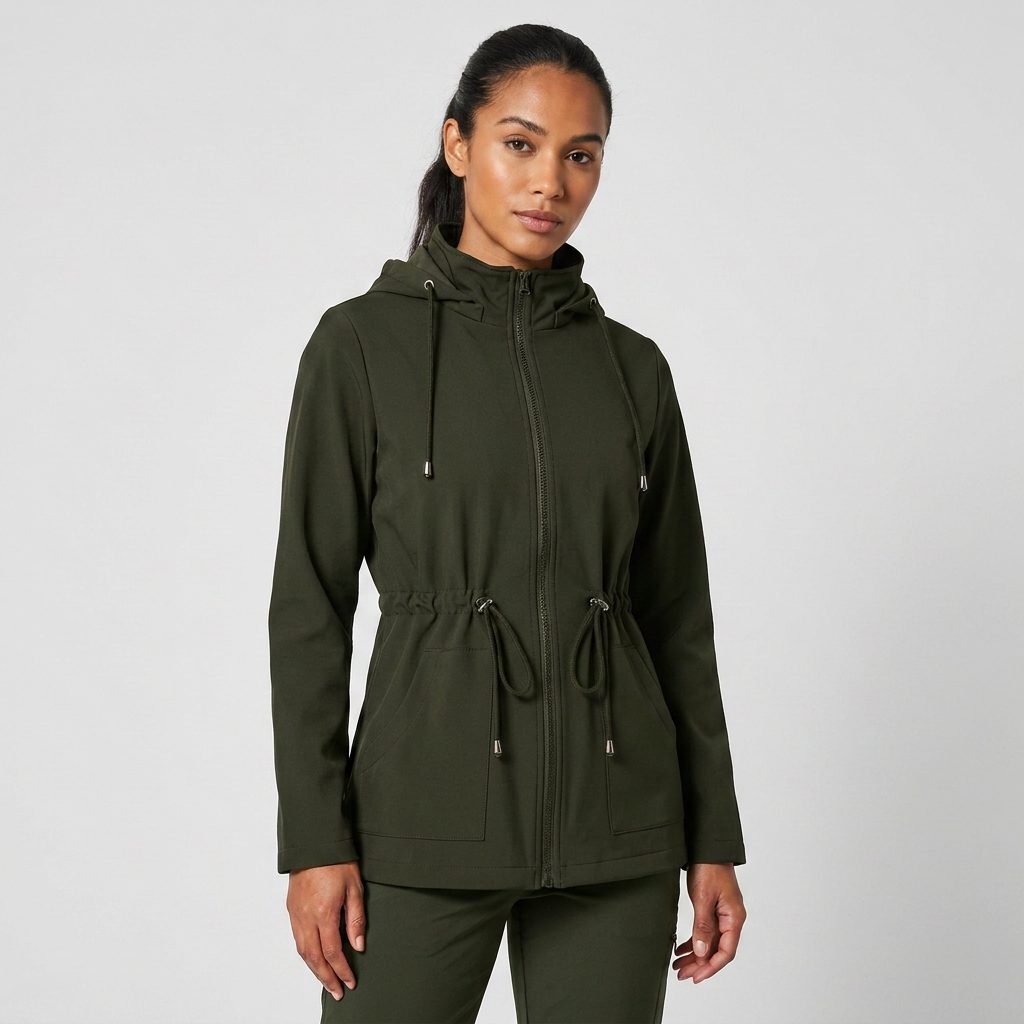 Hooded Drawstring Waist Zip-Up Jacket for Women - Army Green