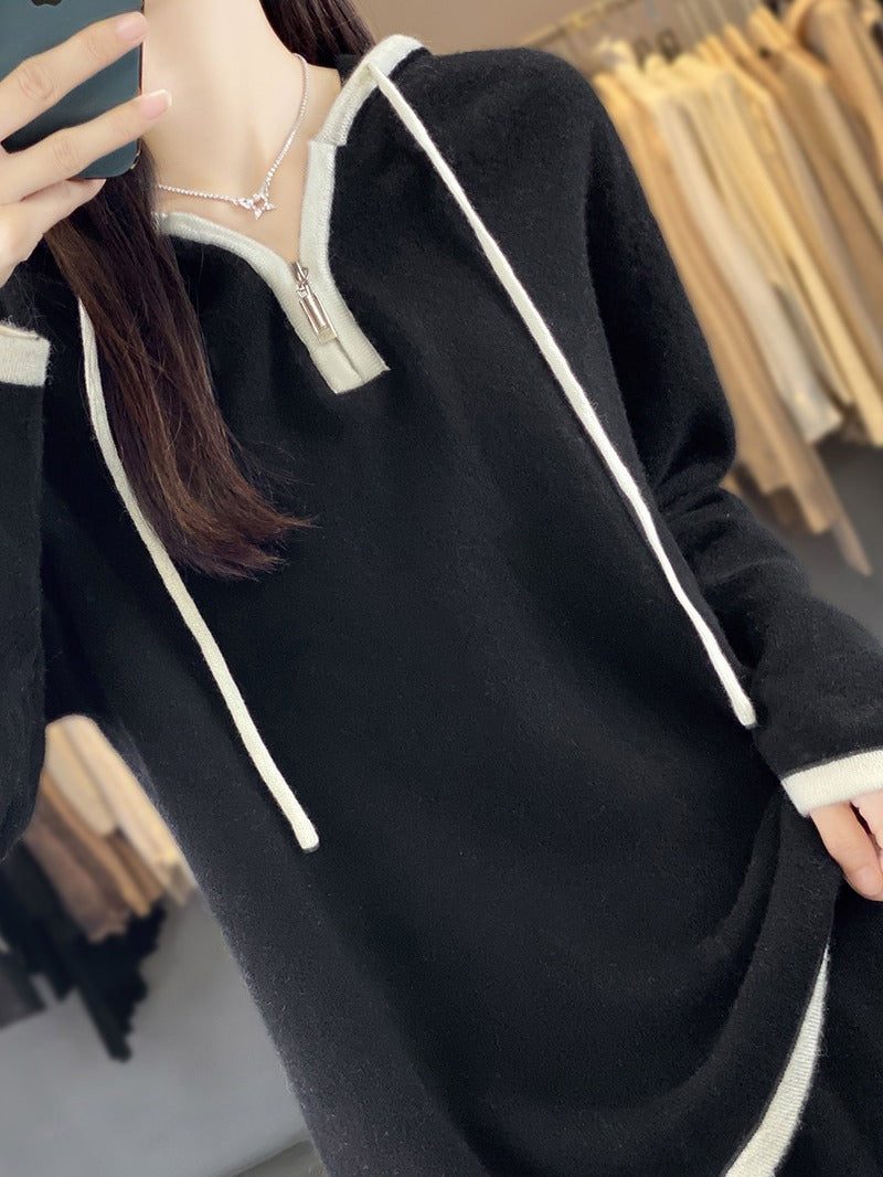 Hooded Knit Cardigan with Wide Leg Trousers Set for Women