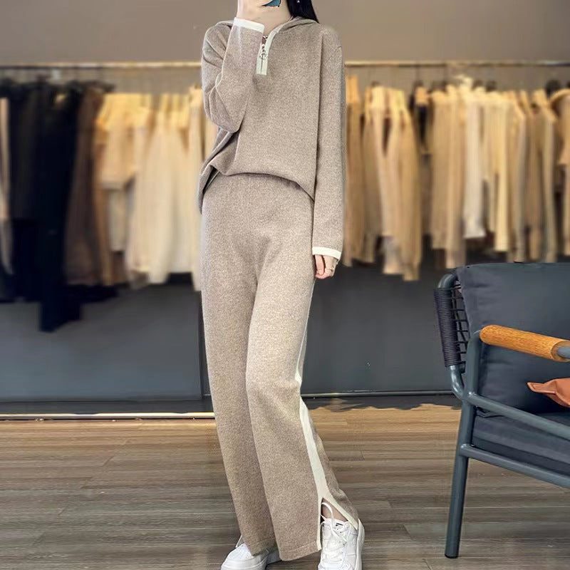 Hooded Knit Cardigan with Wide Leg Trousers Set for Women