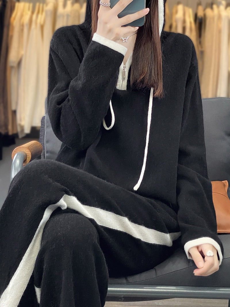 Hooded Knit Cardigan with Wide Leg Trousers Set for Women - View 5