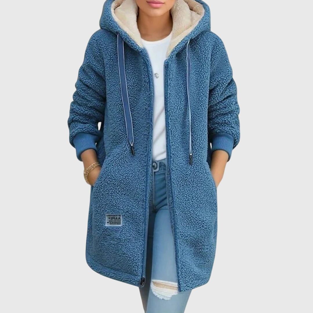 Hooded Long Fleece Jacket with Sherpa Lining for Women