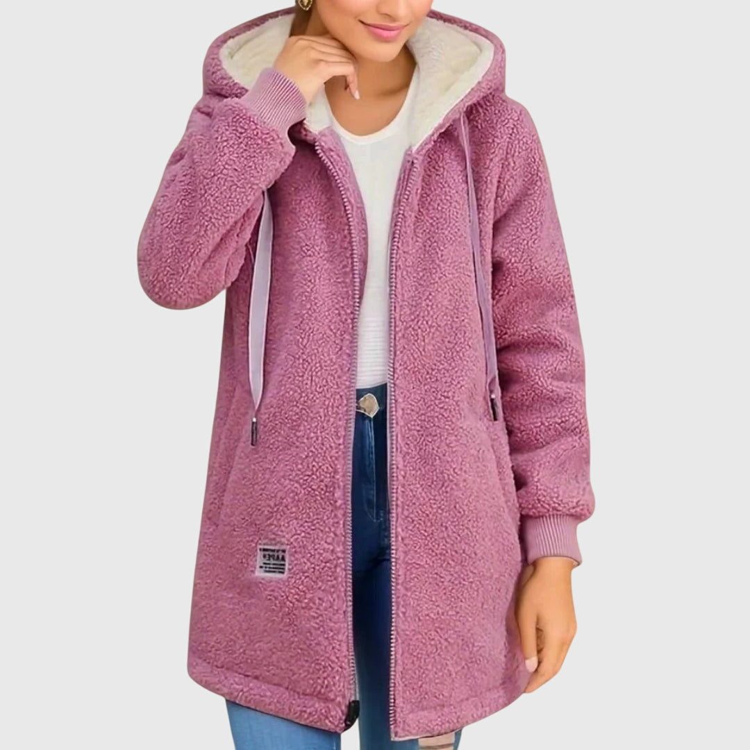 Hooded Long Fleece Jacket with Sherpa Lining for Women - Pink
