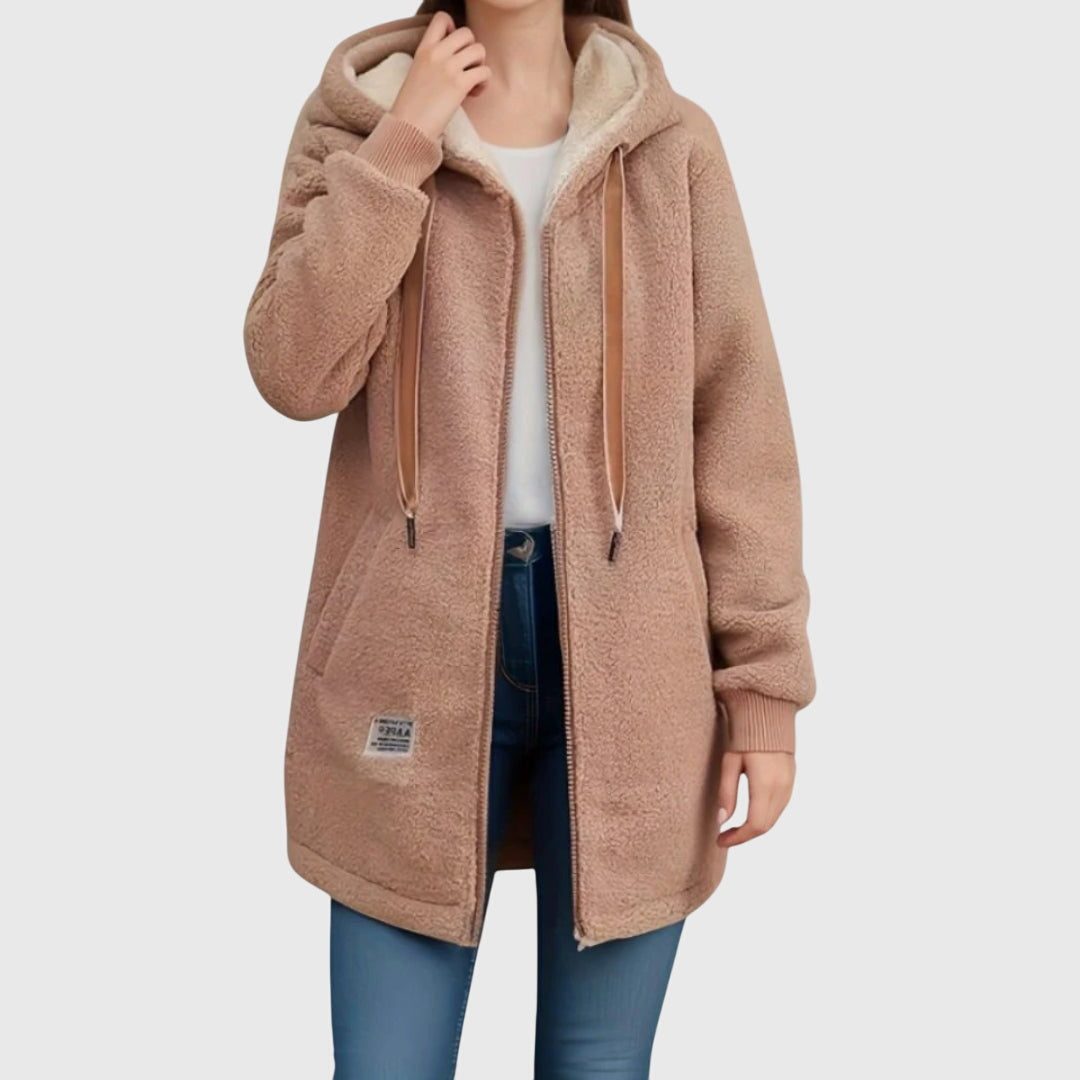 Hooded Long Fleece Jacket with Sherpa Lining for Women - Brown (Almost Sold Out)