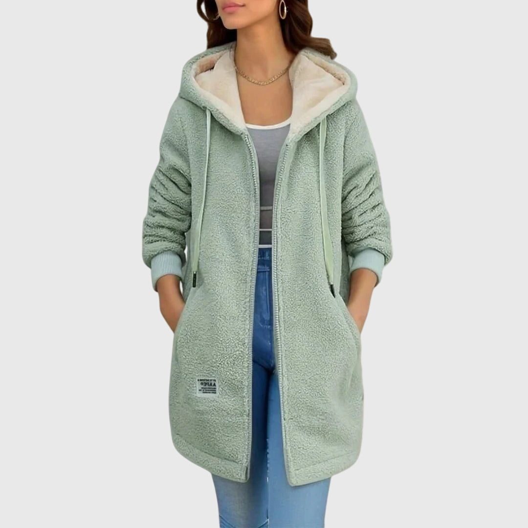 Hooded Long Fleece Jacket with Sherpa Lining for Women