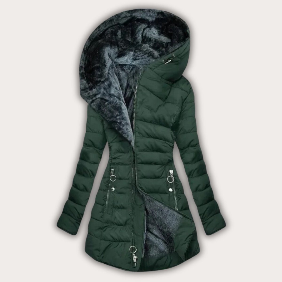 Hooded Long Puffer Coat with Faux Fur Lining for Women - Dark Green
