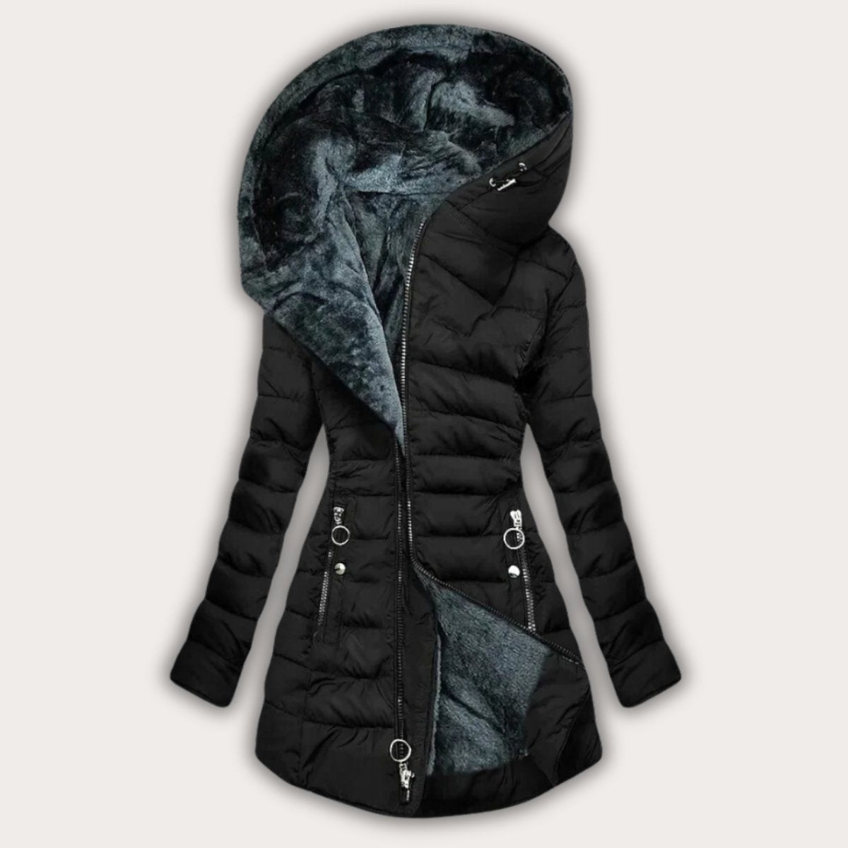 Hooded Long Puffer Coat with Faux Fur Lining for Women - Black