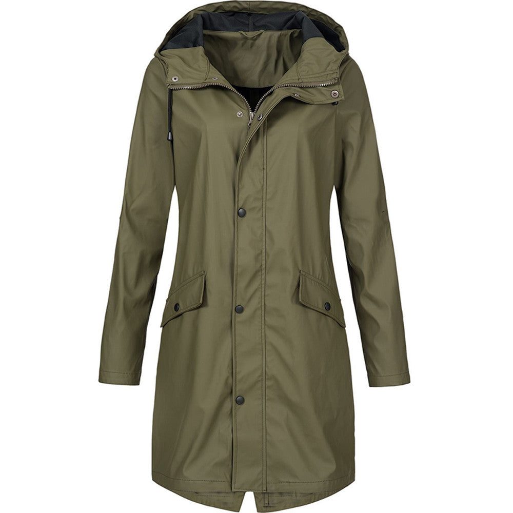 Hooded Long Raincoat with A-Line Fit for Women - Dark Green