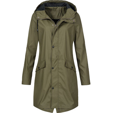 Hooded Long Raincoat with A-Line Fit for Women - Dark Green
