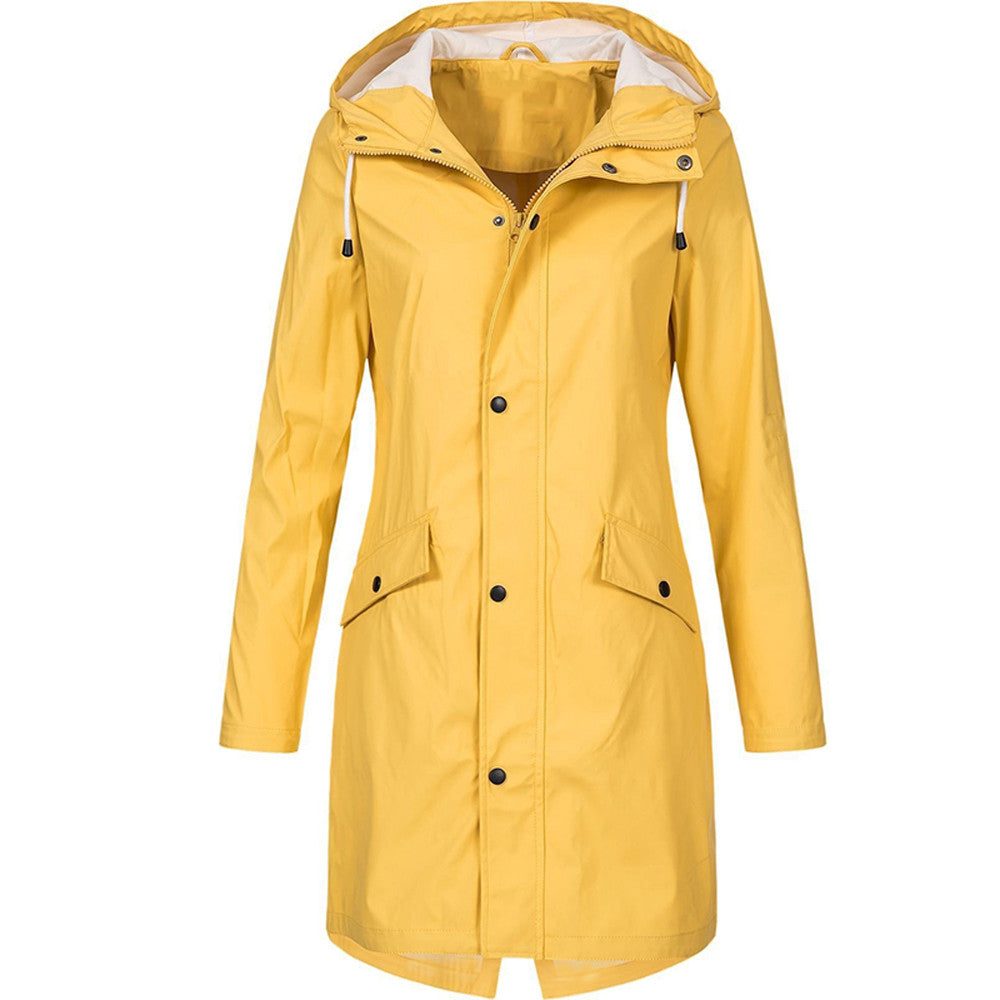 Hooded Long Raincoat with A-Line Fit for Women - Yellow