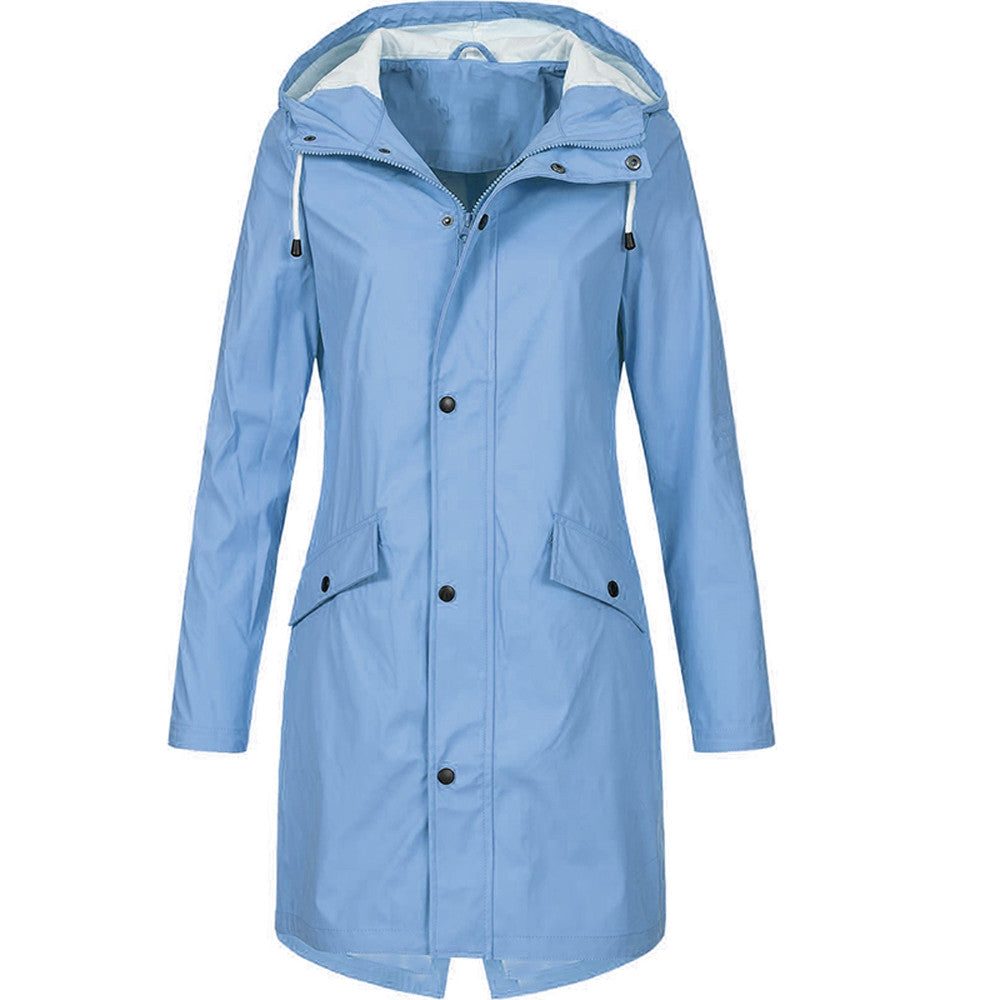 Hooded Long Raincoat with A-Line Fit for Women - Light Blue