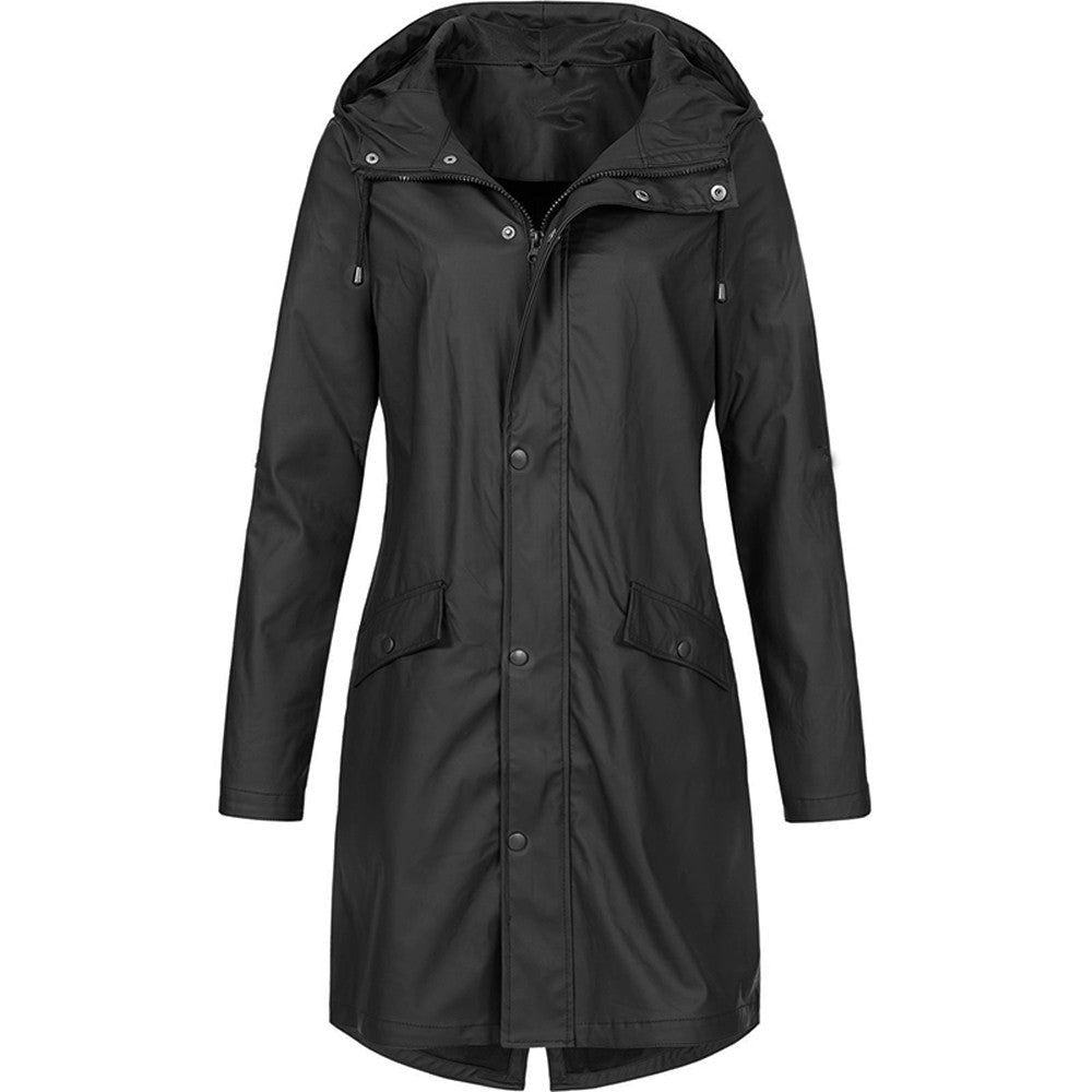 Hooded Long Raincoat with A-Line Fit for Women - Black