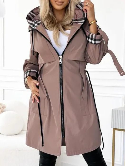 Hooded Long Raincoat with Drawstring Waist for Women