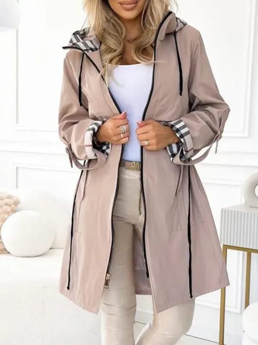 Hooded Long Raincoat with Drawstring Waist for Women - Beige