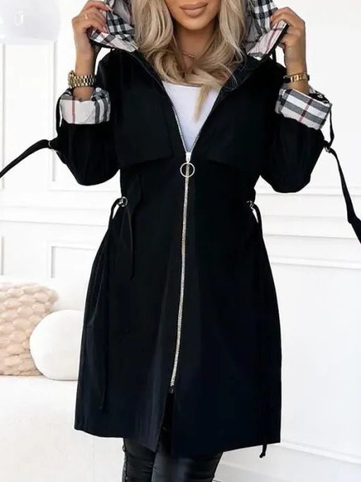 Hooded Long Raincoat with Drawstring Waist for Women - Black