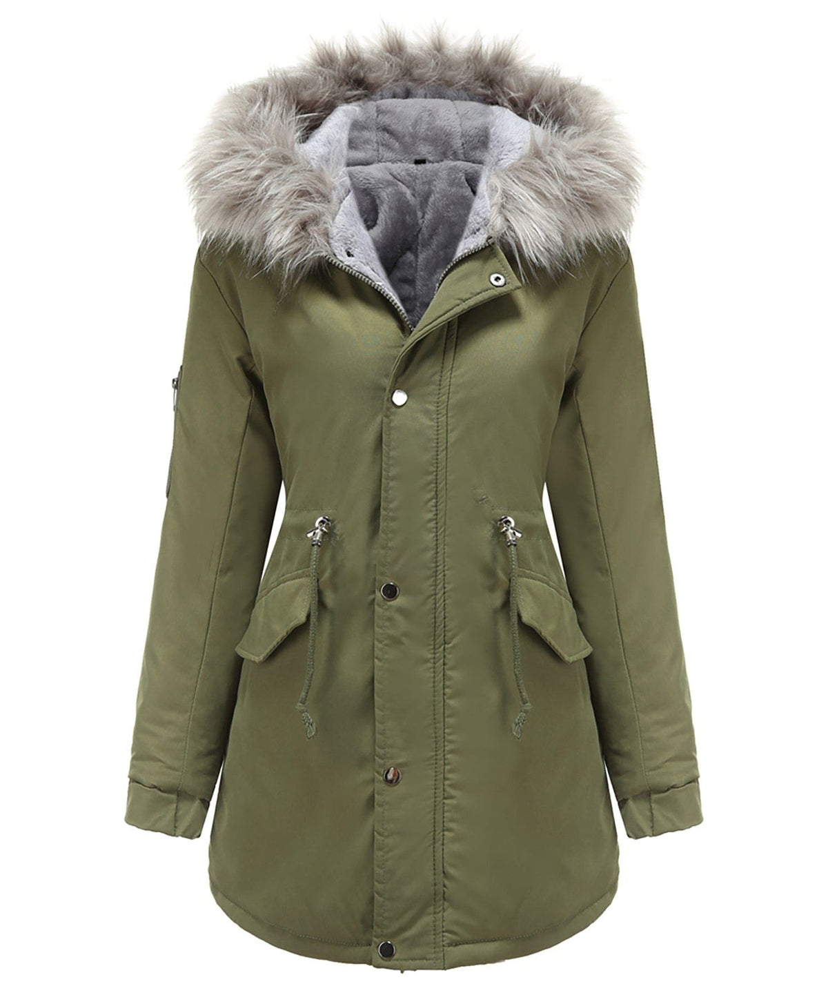 Hooded Long Winter Parka with Faux Fur Collar for Women - Green