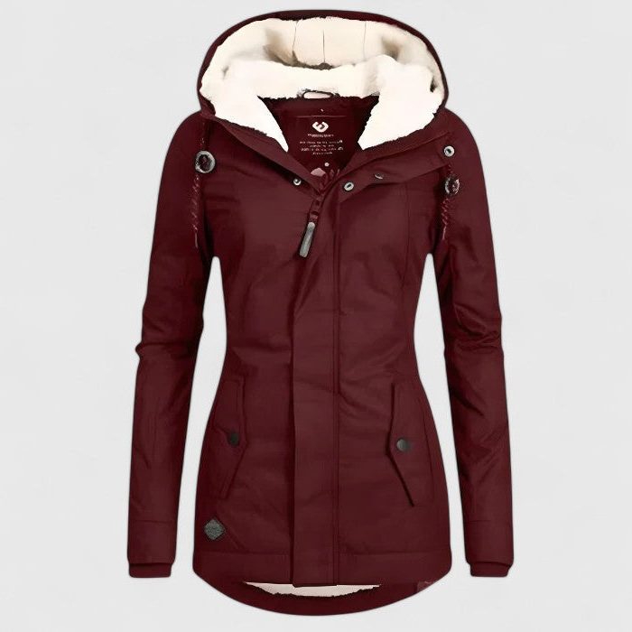 Hooded Longline Fleece-Lined Winter Coat for Women - Red