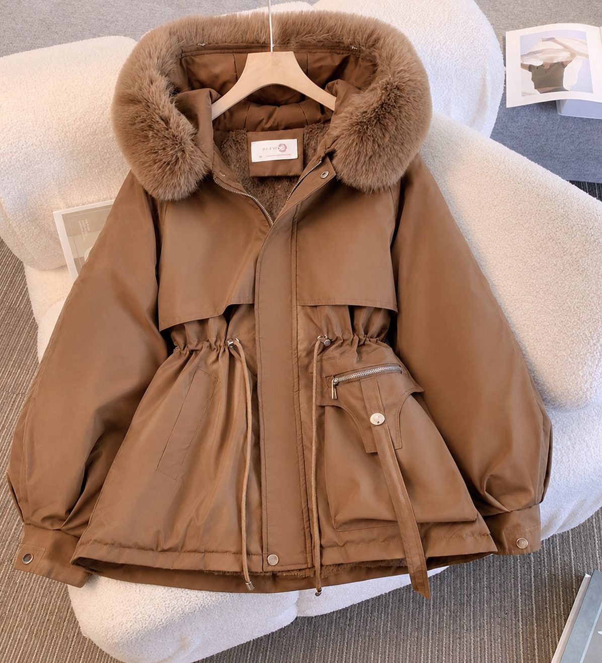 Hooded Longline Puffer Coat for Women - Coffee