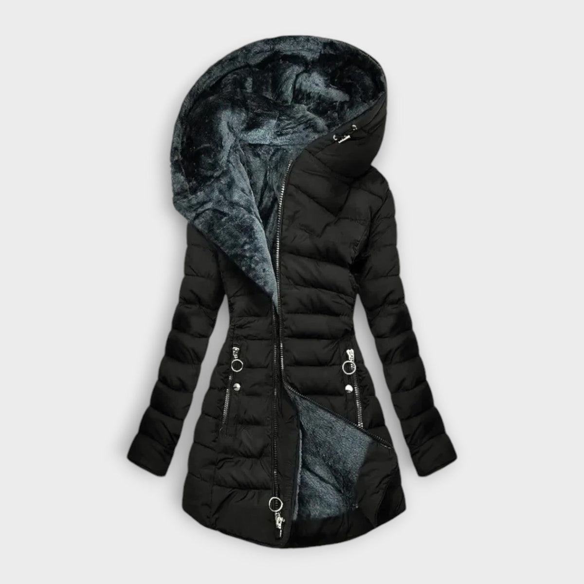 Hooded Longline Puffer Jacket for Women - Black