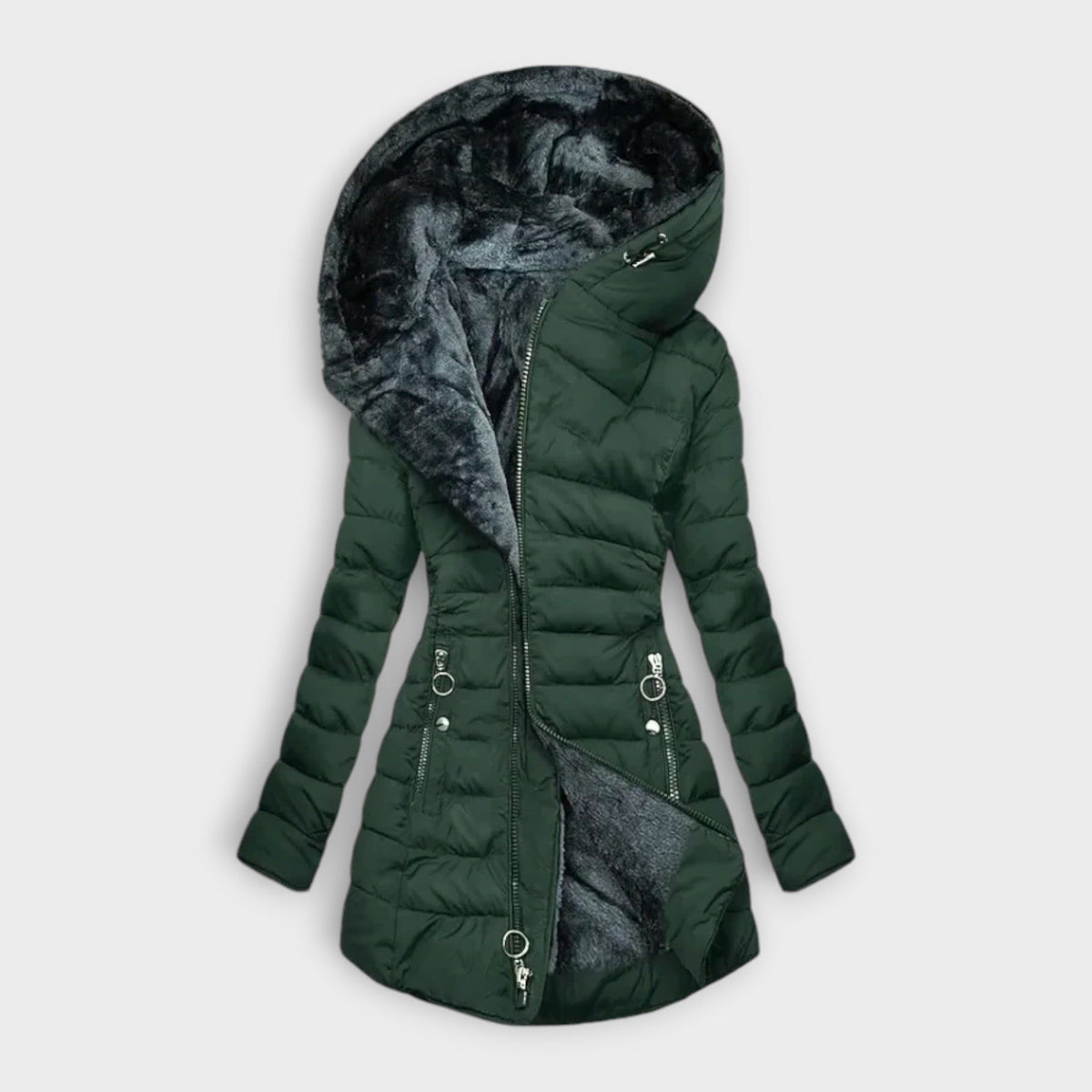 Hooded Longline Puffer Jacket for Women - Dark Green