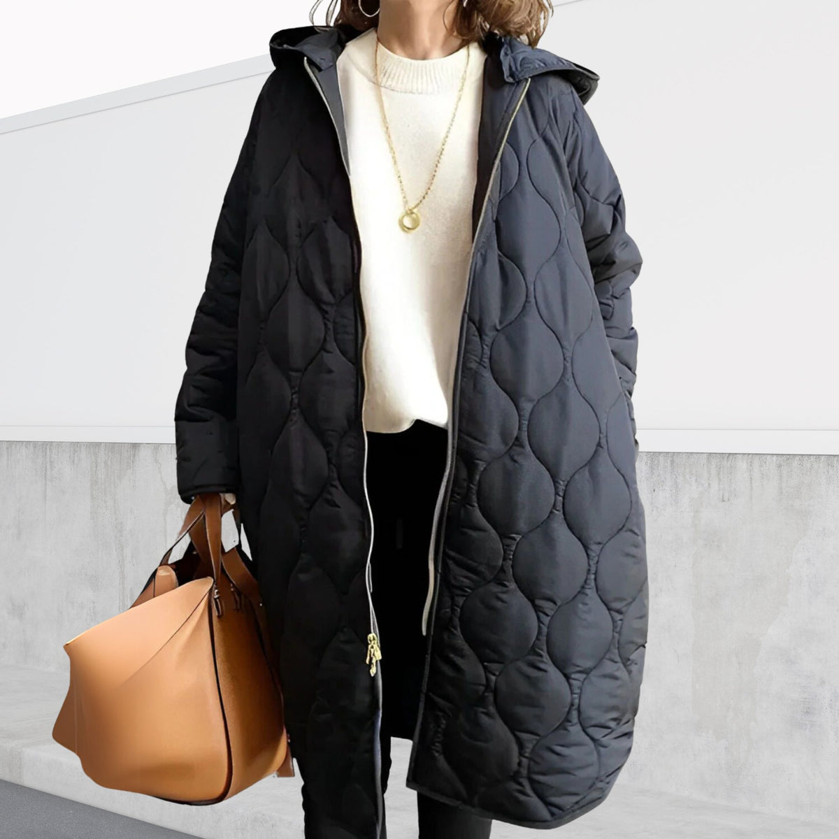 Hooded Longline Quilted Parka for Women - Black