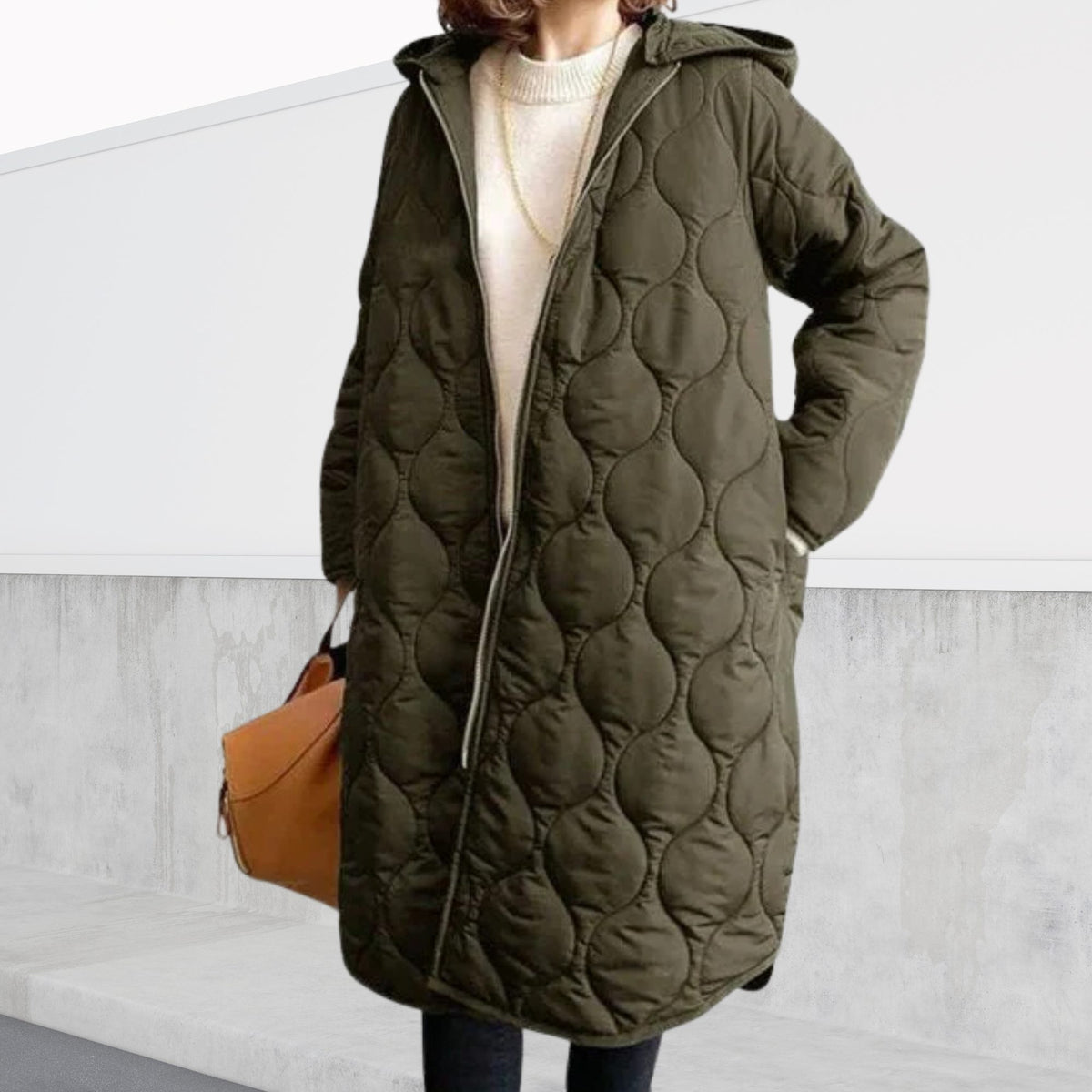 Hooded Longline Quilted Parka for Women - Dark green