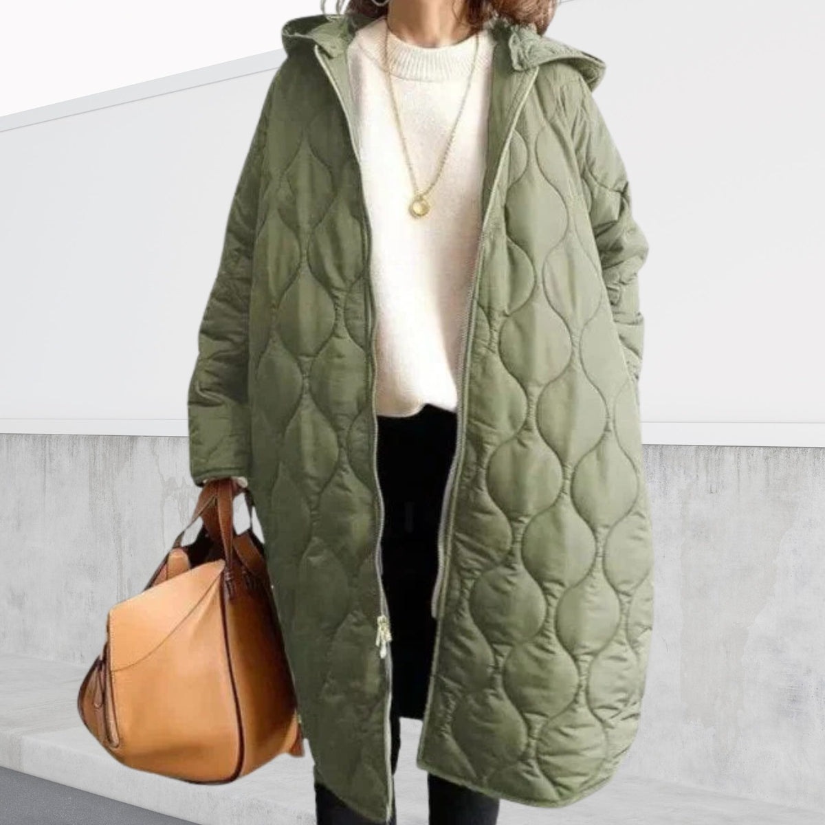 Hooded Longline Quilted Parka for Women - Light green