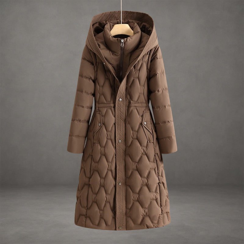 Hooded Longline Quilted Puffer Coat for Women - Brown