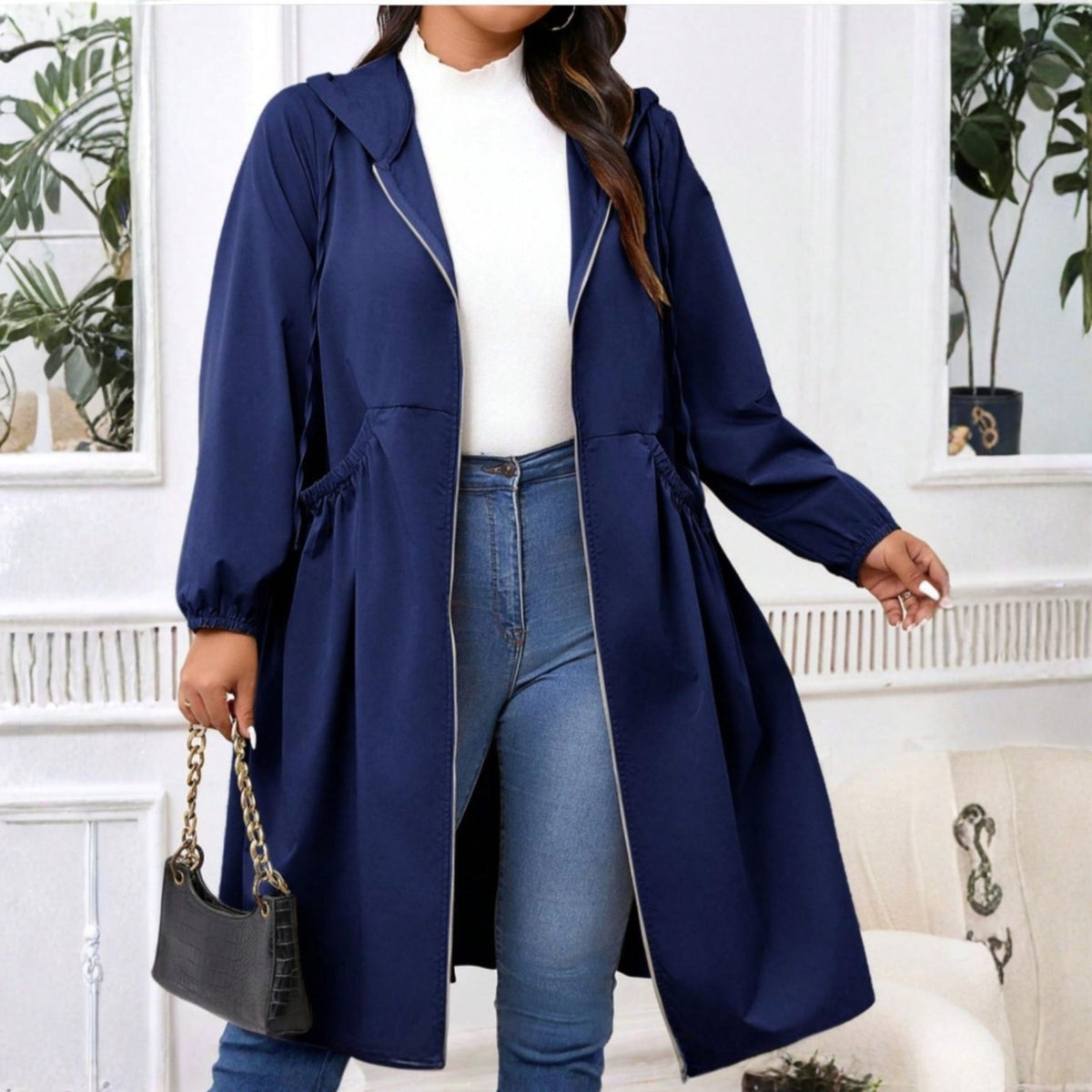 Hooded Longline Zip-Up Coat for Women