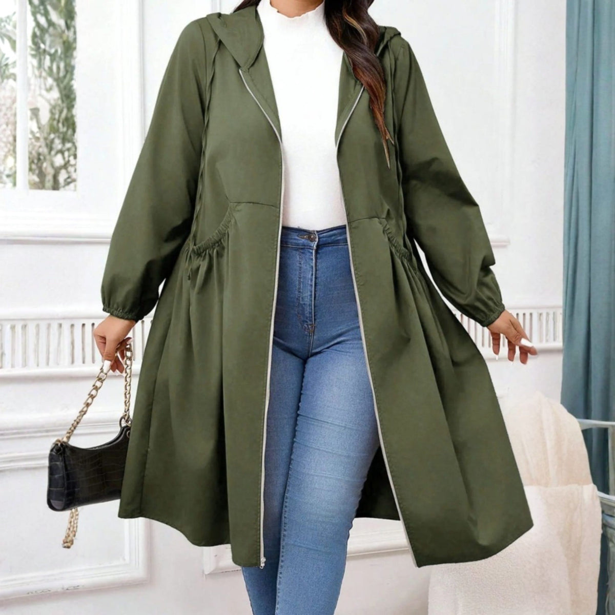 Hooded Longline Zip-Up Coat for Women - Army Green