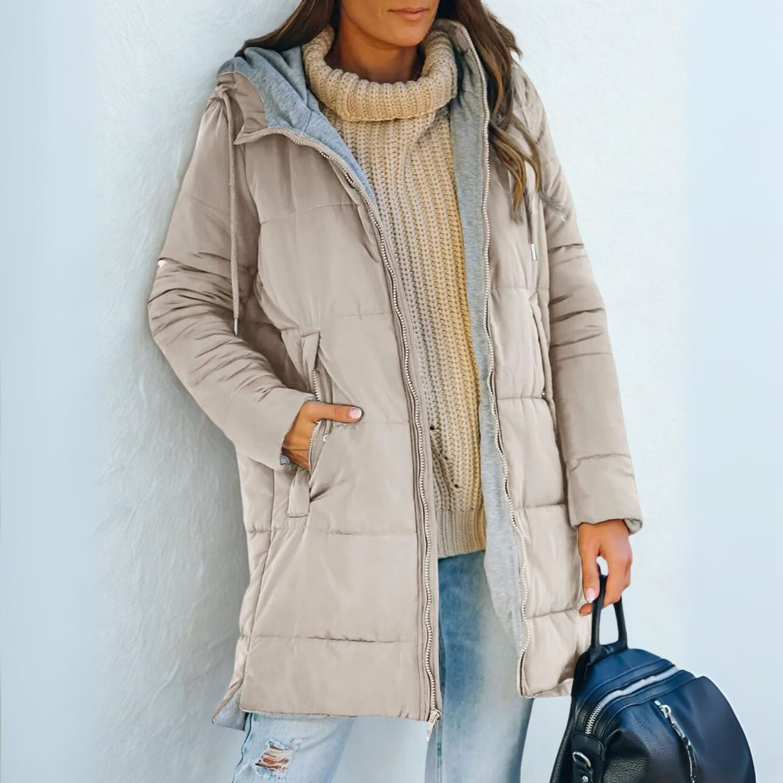 Hooded Puffer Coat with Knit Collar for Women
