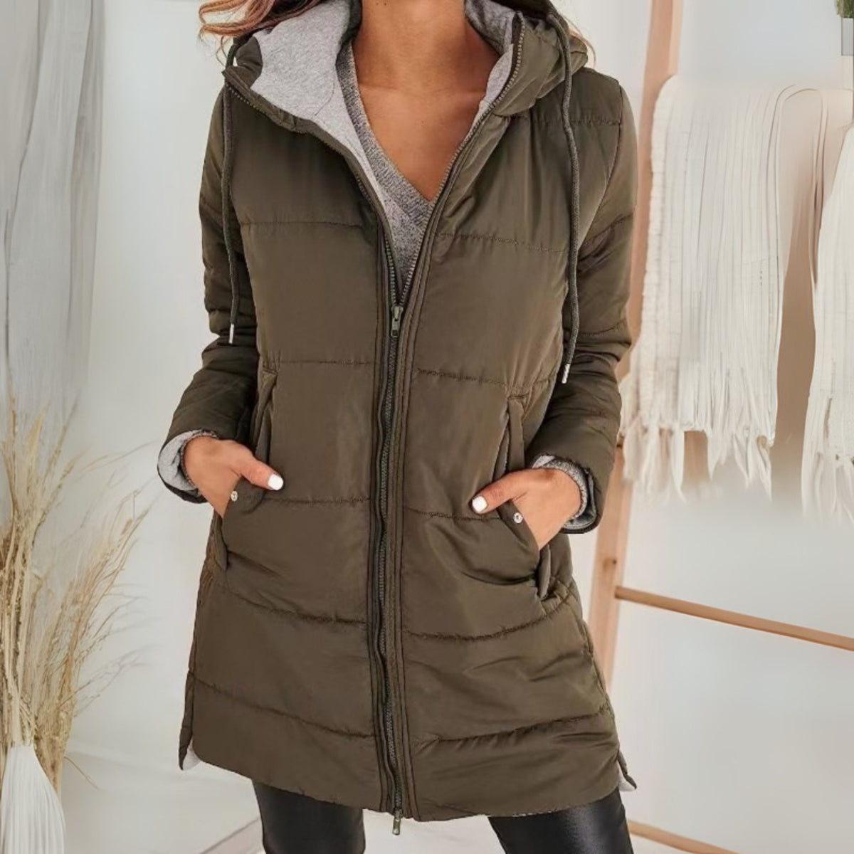 Hooded Puffer Coat with Knit Collar for Women - Brown