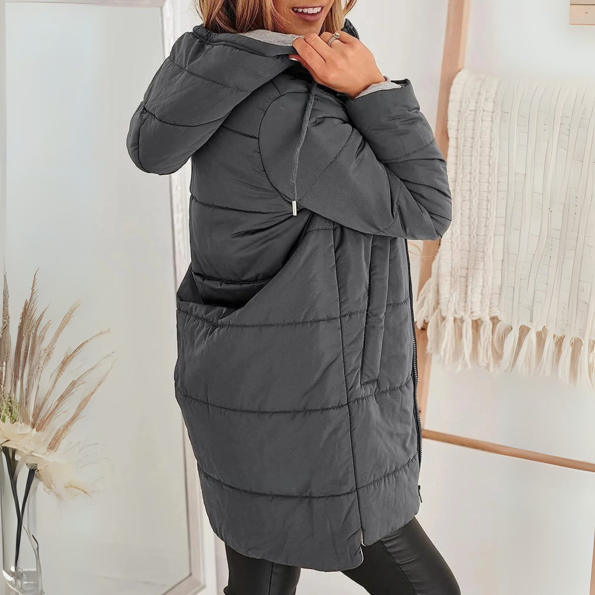 Hooded Puffer Coat with Knit Collar for Women - Grey