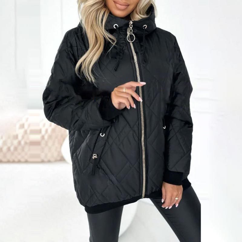 Hooded Zip-Up Puffer Jacket for Women - Black