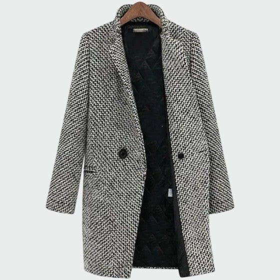 Houndstooth Tailored Long Coat with Lapel Collar for Women