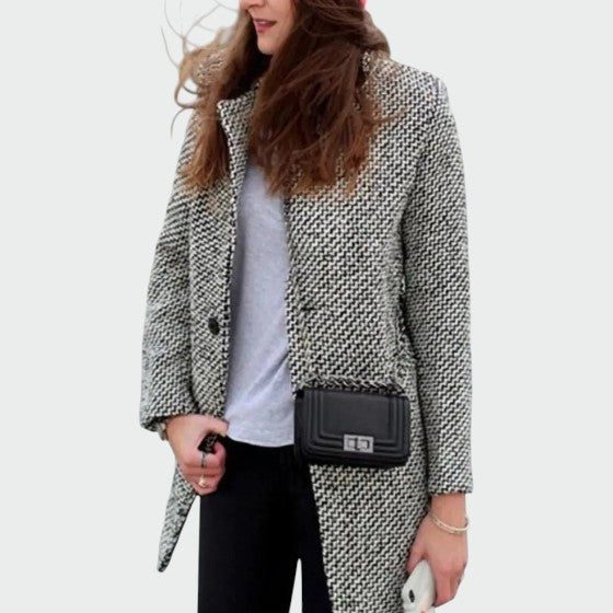 Houndstooth Tailored Long Coat with Lapel Collar for Women - View 4