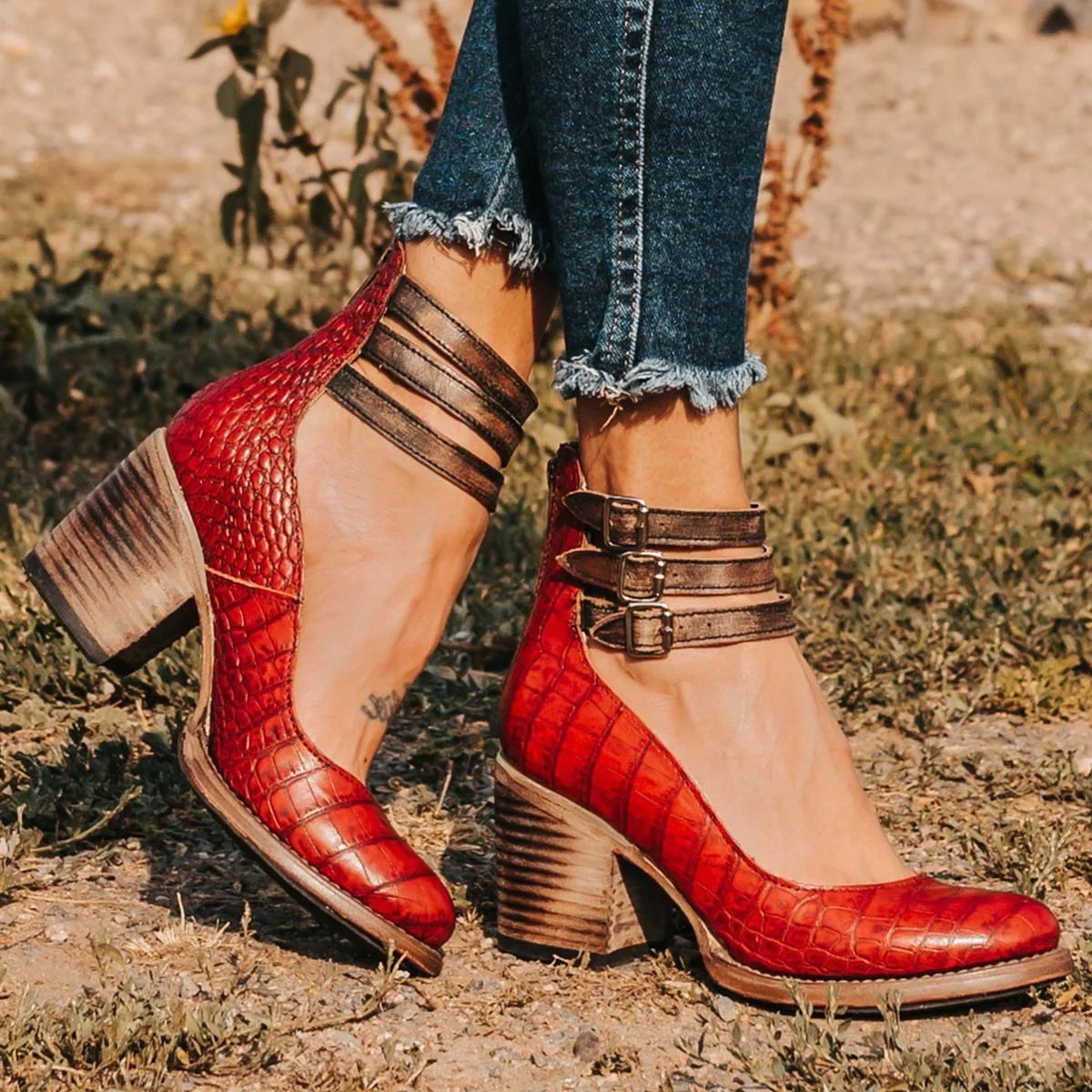 Block Heel Ankle Strap Boots for Women