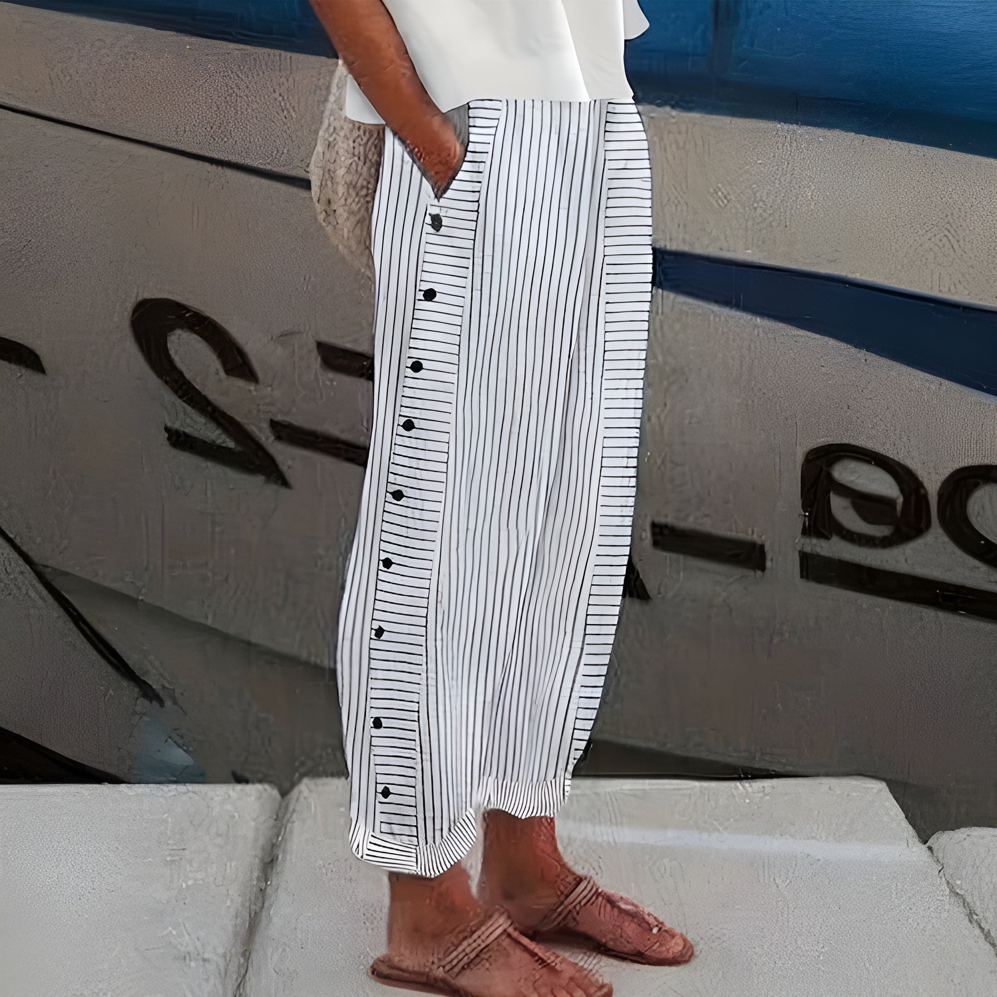 Striped Button Detail Straight Leg Trousers for Women