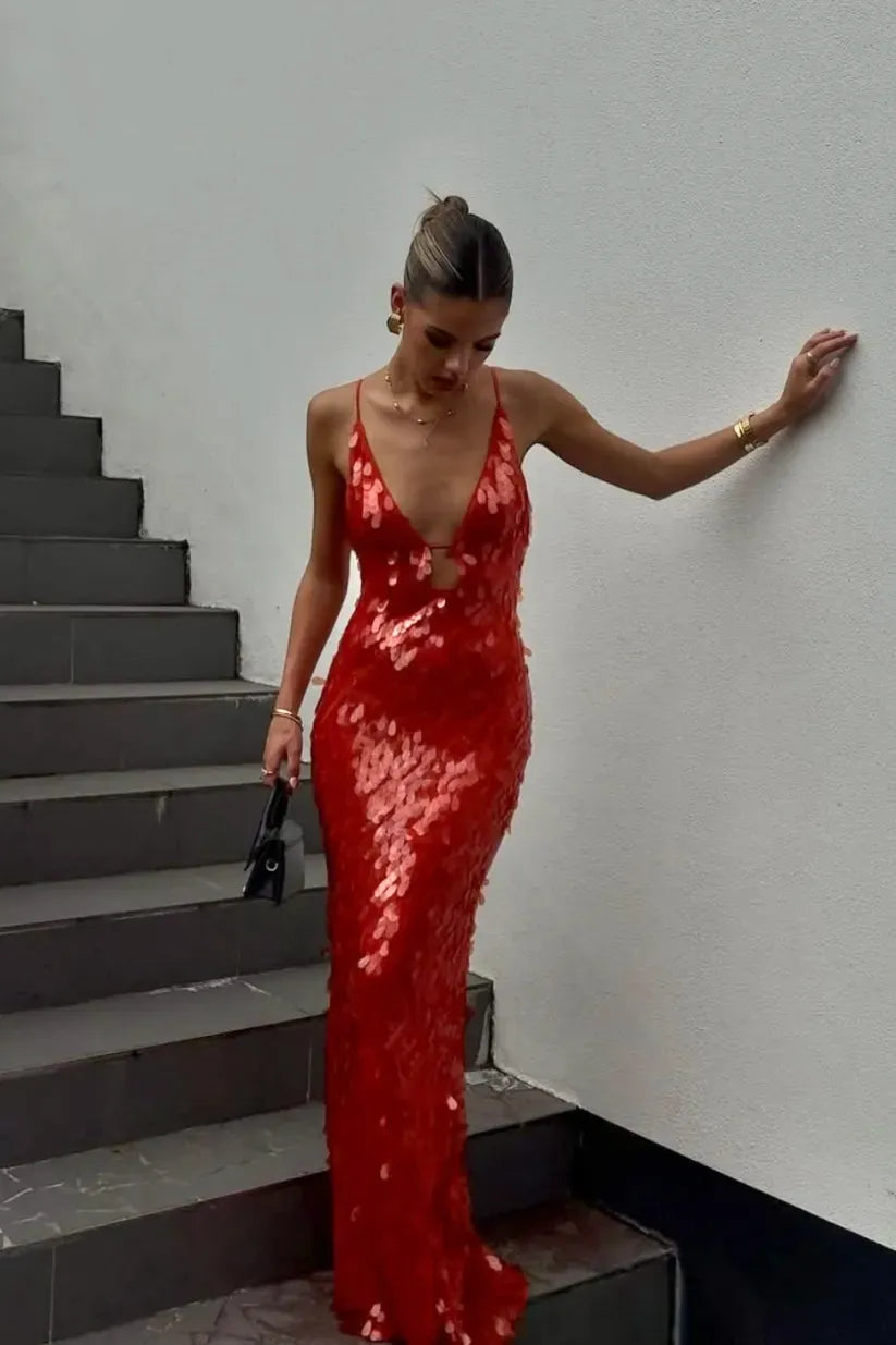 Deep V-Neck Sequin Embellished Cut Out Maxi Dress for Women